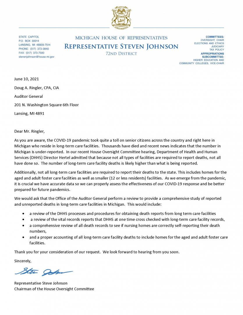 Rep. Johnson asks Auditor General to review MDHHS, longterm care